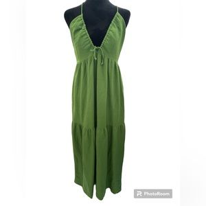 LINEN BLEND STRAPPY HALTER MIDI DRESS IN MEADOW GREEN  SZ M
